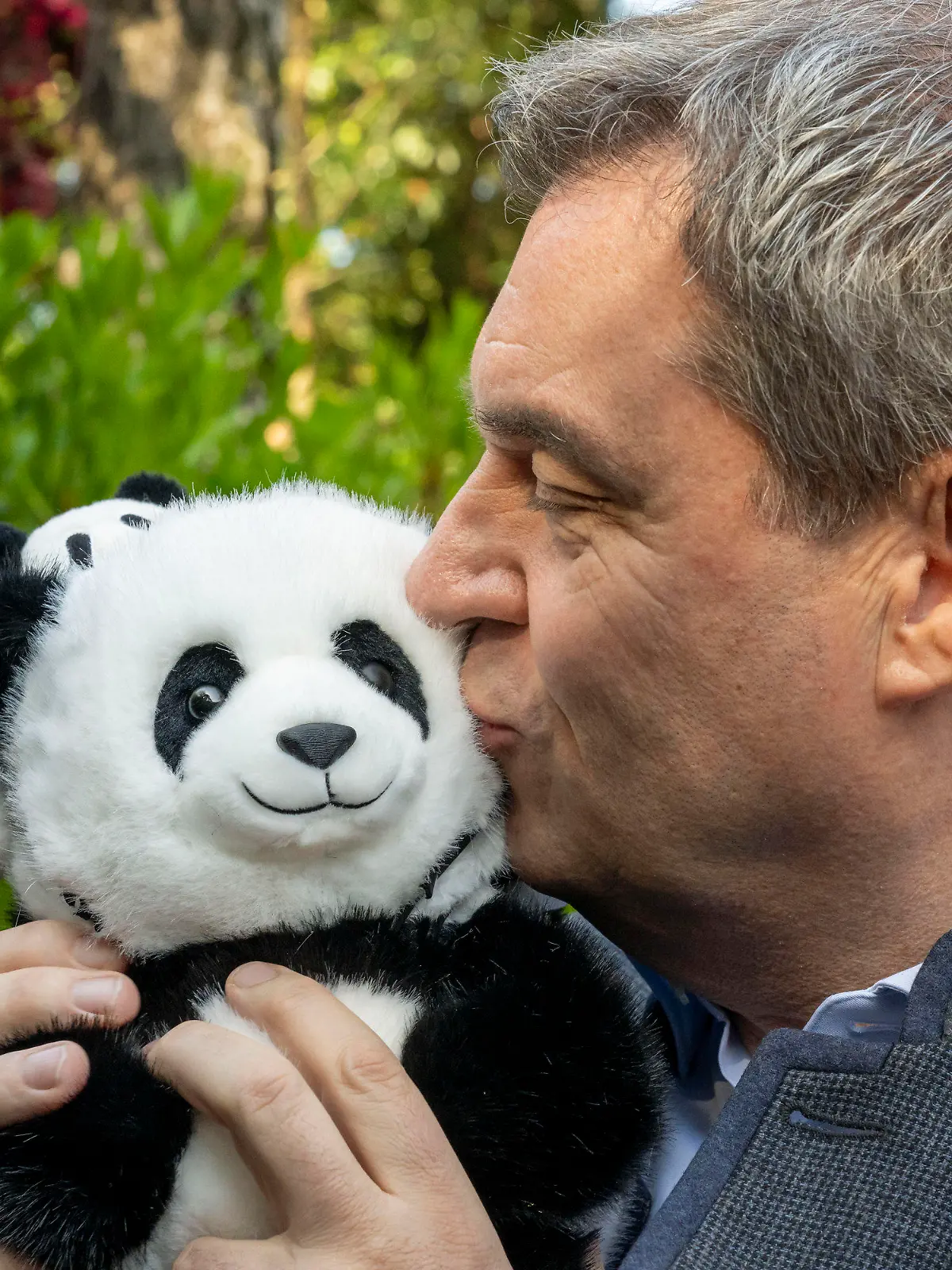 25.03.2024, China, Chengdu: Markus Söder, (CSU) Ministerpräsident von Bayern, hält bei seinem Besuch des Chengdu Research Base of Giant Panda Breeding einen geschenkten Panda-Plüschbär im Arm. Söder bereist bis zum 28.03.2024 die Volksrepublik China. (zu dpa: «Pandas, Wirtschaftsinteressen - und Kanzler-Ambitionen? Söder in China») Foto: Peter Kneffel/dpa +++ dpa-Bildfunk +++