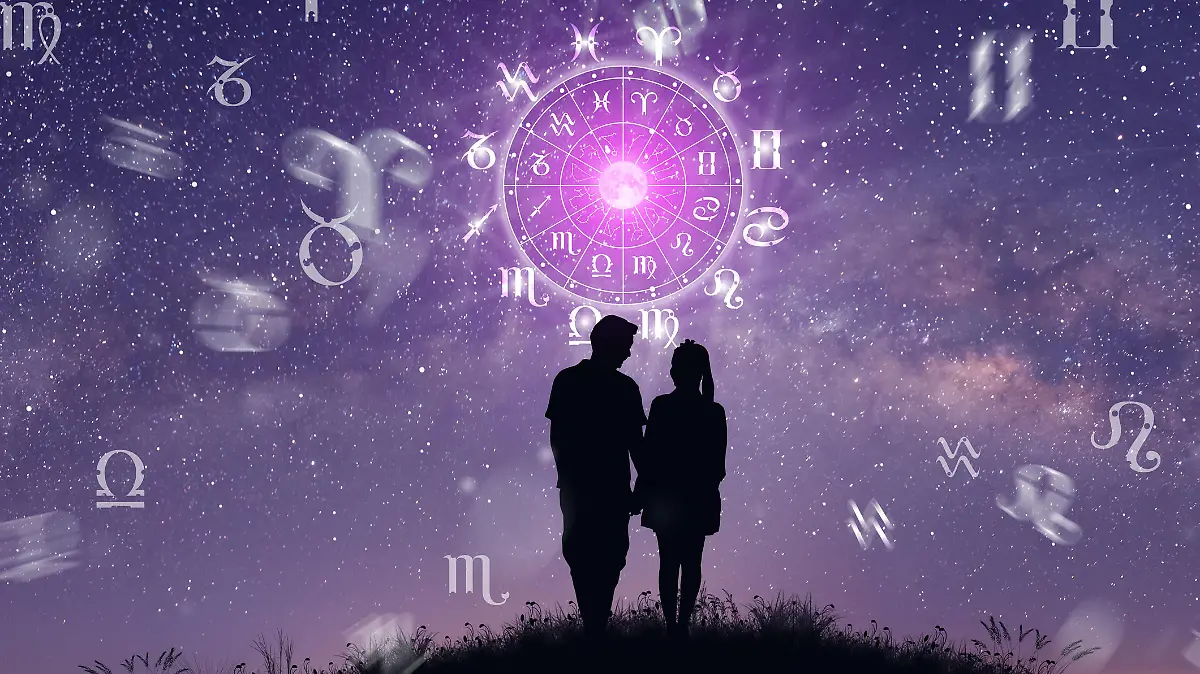 Astrological zodiac signs inside of horoscope circle. Couple singing and dancing over the zodiac wheel and milky way background. The power of the universe concept.