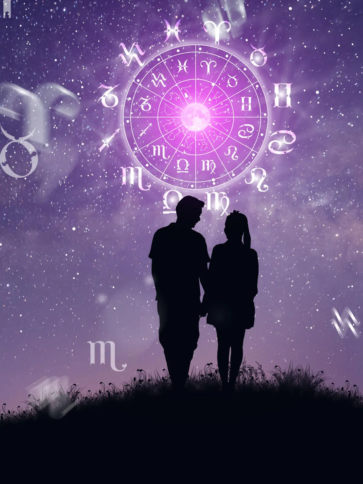 Astrological zodiac signs inside of horoscope circle. Couple singing and dancing over the zodiac wheel and milky way background. The power of the universe concept.