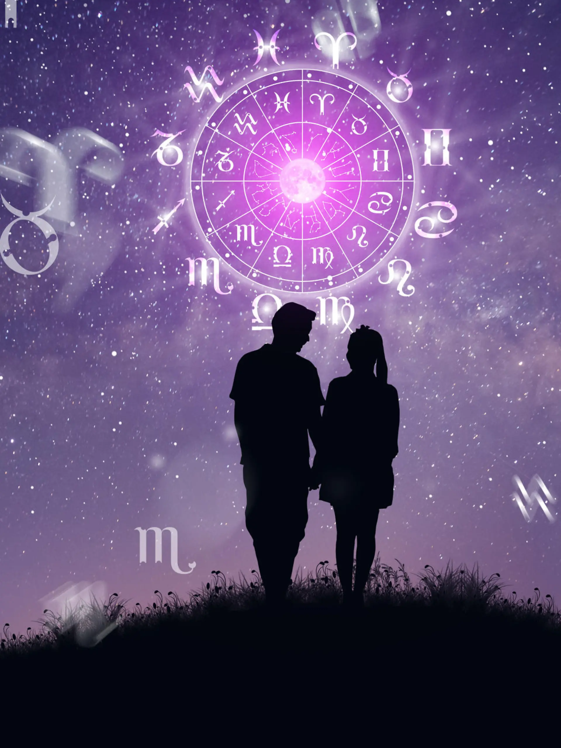 Astrological zodiac signs inside of horoscope circle. Couple singing and dancing over the zodiac wheel and milky way background. The power of the universe concept.