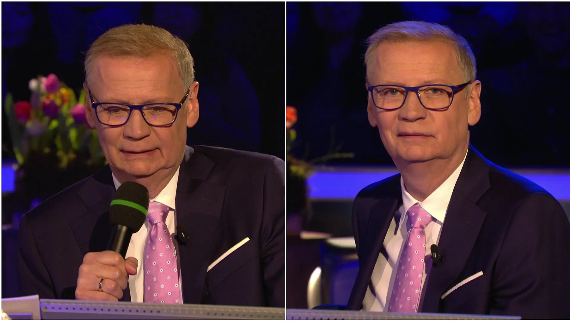 Seltener Anblick: Günther Jauch moderiert wegen einer Technik-Panne mit einem Mikro in der Hand. Doch wenige Minuten später funktioniert auch das nicht mehr.
