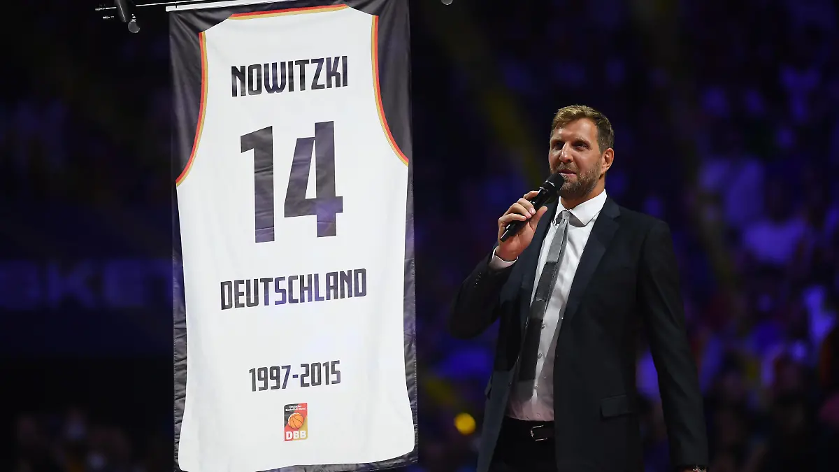 COLOGNE, GERMANY - SEPTEMBER 1, 2022: Dirk Nowitzki s jersey retirement ceremony. The basketball match of Eurobasket 2022 France vs Germany. PUBLICATIONxNOTxINxRUS Copyright: xVitaliixKliuievx