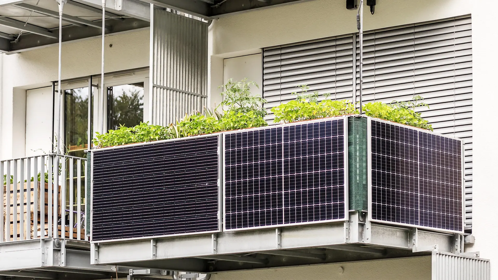 Solar panels on Balcony of Apartment Building. Modern Balcony Apartment Solar power panel.
