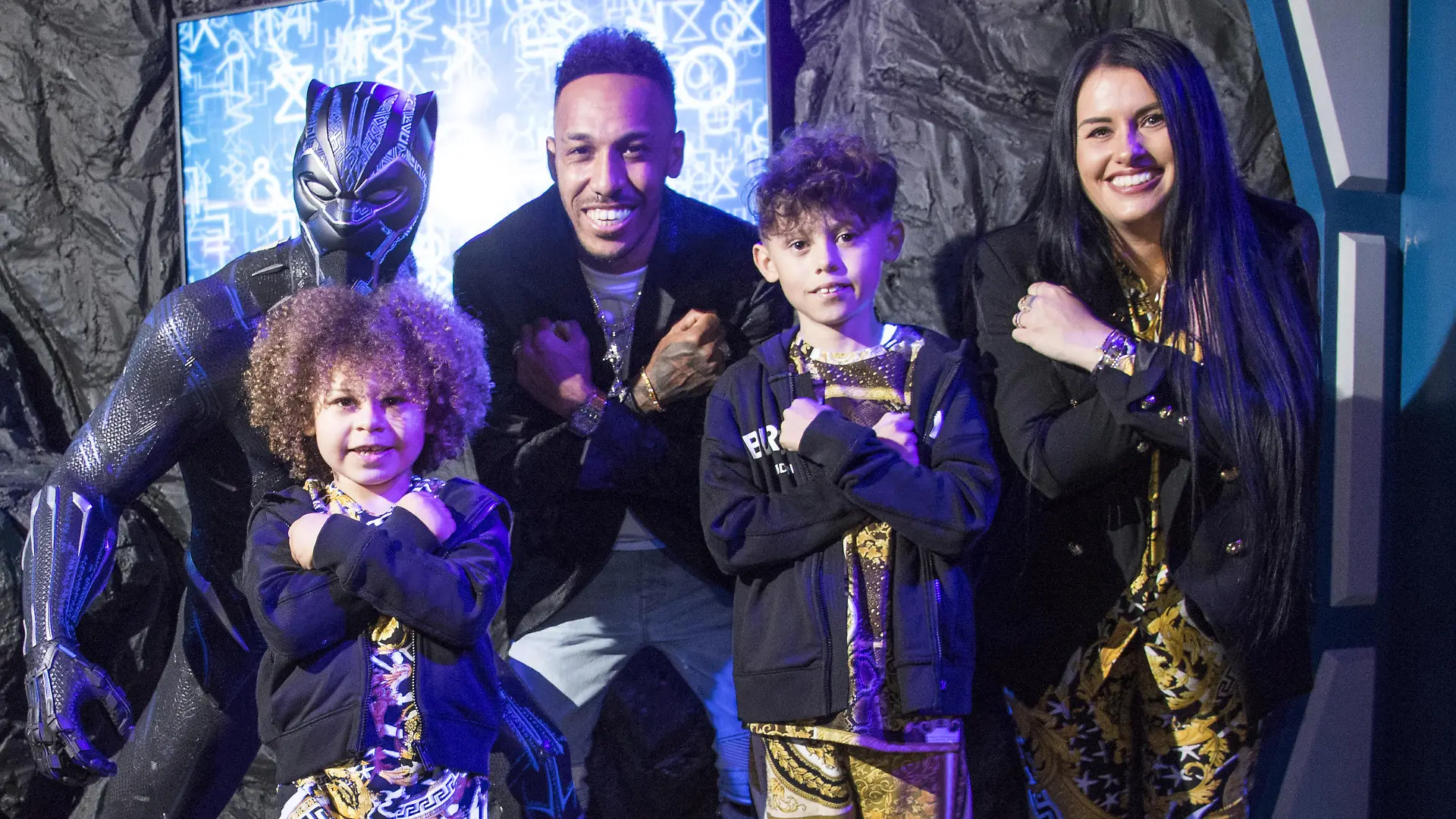 Black Panther wax figure. EMBARGOED T0 0001 FRIDAY MAY 14 Pierre-Emerick Aubameyang, with his wife Alysha and sons Pierre and Curtys, unveiling the new Black Panther wax figure at Madame Tussauds in central London. Picture date: Thursday May 13, 2021. Photo credit should read: Ian West/PA Wire URN:59750470