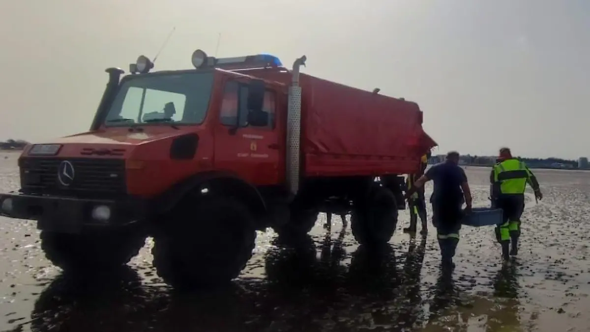 Ein Feuerwehrfahrzeug im Watt.