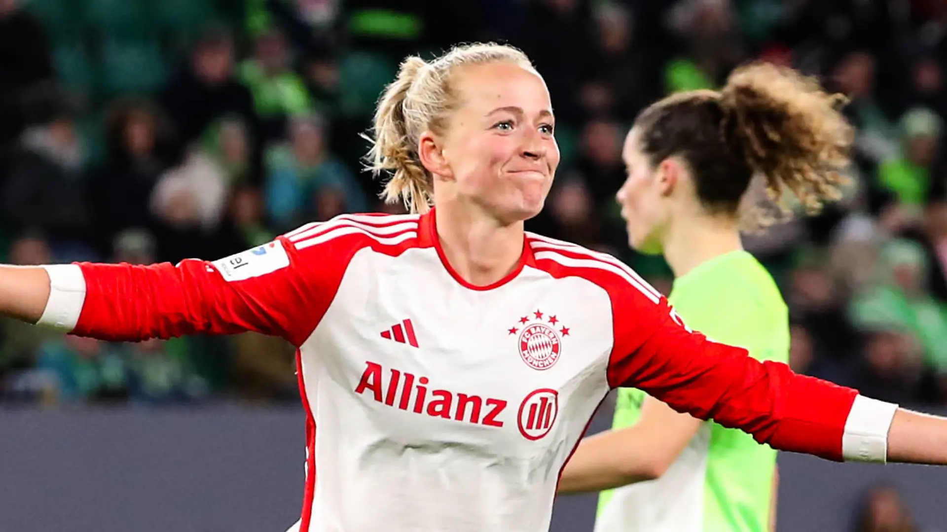 Torjubel - Torschützin Lea Schüller FC Bayern München,11 trifft zum 0-3 - Google Pixel Frauen-Bundesliga Saison 2023-2024 VfL Wolfsburg vs. FC Bayern München in der Volkswagen Arena in Wolfsburg - Aktion,Fußball,Frau,Frauen,Damen,Deutschland,23.03.2024 *** Goalscorer Lea Schüller FC Bayern Munich,11 scores to 0 3 Google Pixel Womens Bundesliga Season 2023 2024 VfL Wolfsburg vs FC Bayern Munich at the Volkswagen Arena in Wolfsburg Action,Soccer,Woman,Women,Ladies,Germany,23 03 2024