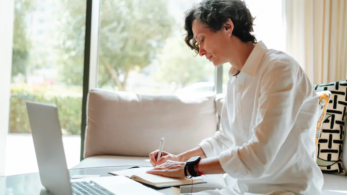 Confident businesswoman writing in diary by laptop at hotel lobby model released, Symbolfoto property released, MDOF01880