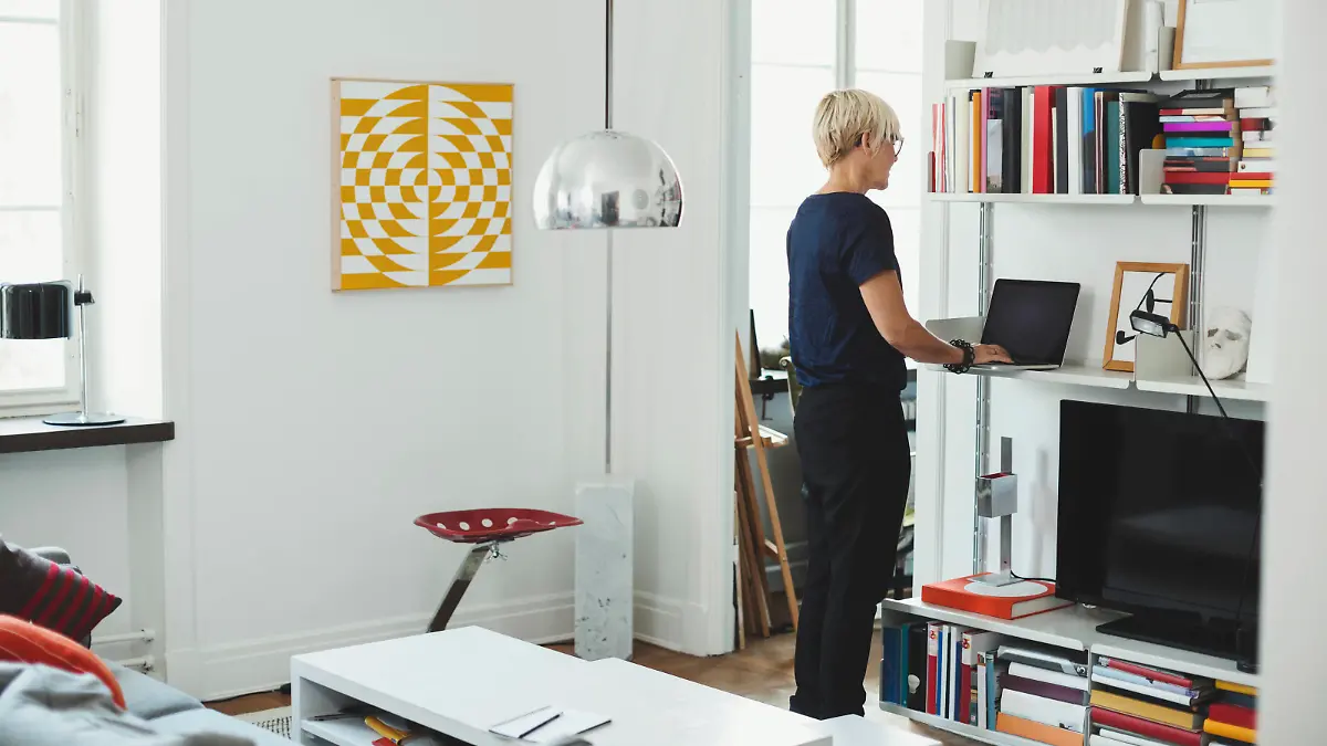 Rear view of product designer using laptop at shelf in home , model released, property released Copyright: xMaskotx , MA47852