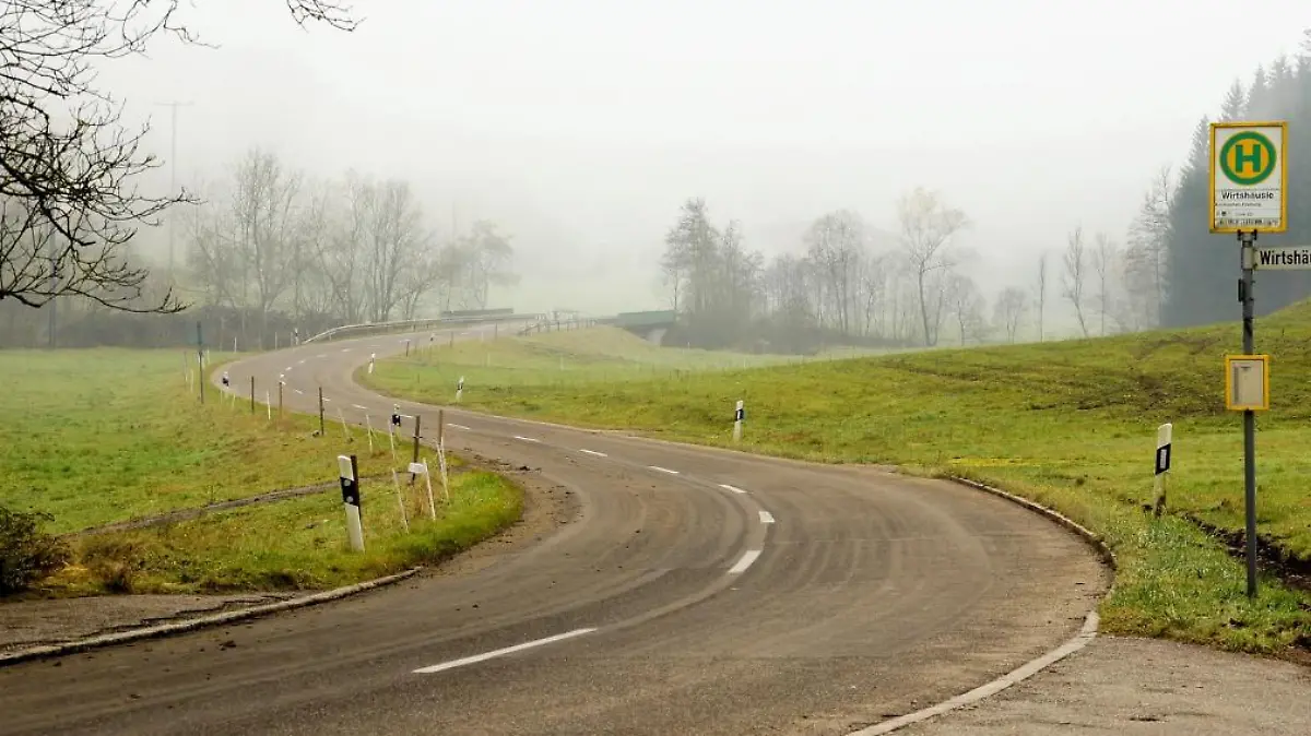 Eine Bushaltestelle an einer Landstraße.