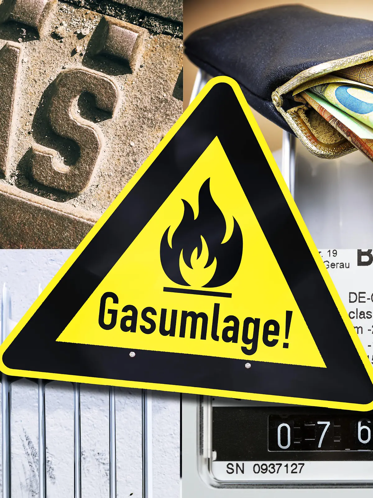 FOTOMONTAGE, Warnschild Gasumlage vor Gaszähler, Gasanschluss, Heizkörper und Portmonee mit Geldscheinen / action press