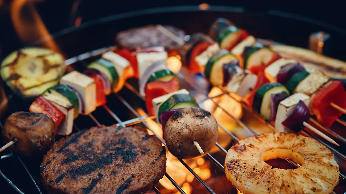 Preparing Vegan Skewers and Vegan Burger Patties and Vegetables for BBQ Grill