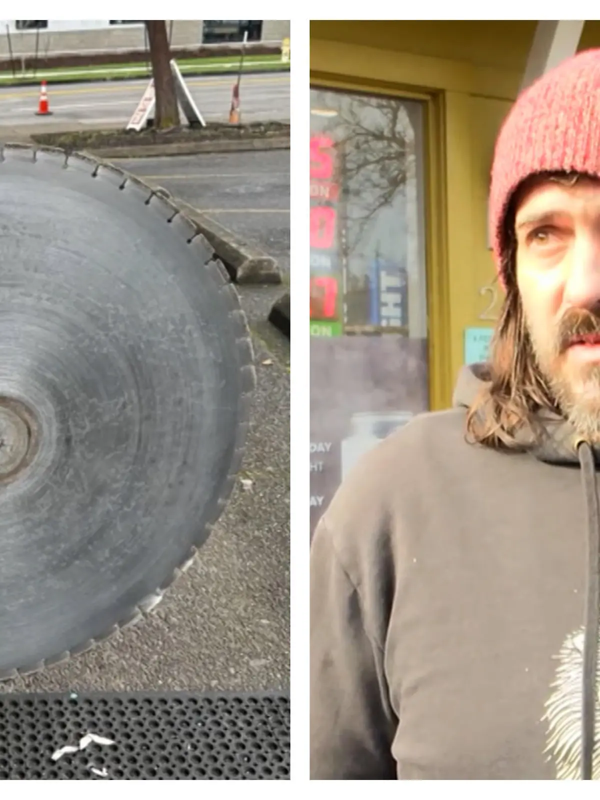 Shane Reimche hat sehr viel Glück gehabt. Ein Sägeblatt schießt quer über den Parkplatz eines Ladens und schlägt direkt neben dem Eingang ein. Nur Sekunden, nachdem er den Laden betreten hatte...