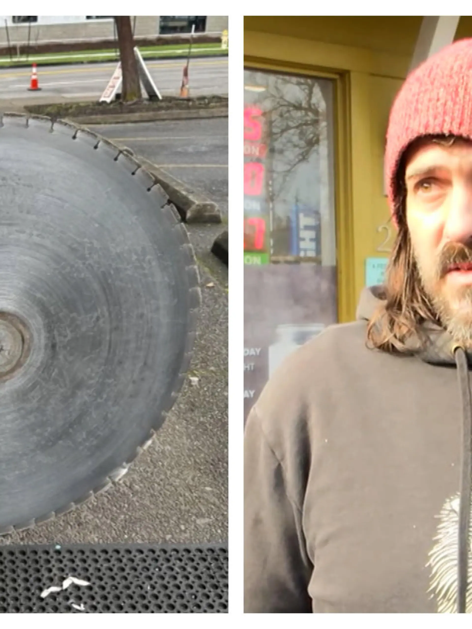 Shane Reimche hat sehr viel Glück gehabt. Ein Sägeblatt schießt quer über den Parkplatz eines Ladens und schlägt direkt neben dem Eingang ein. Nur Sekunden, nachdem er den Laden betreten hatte...