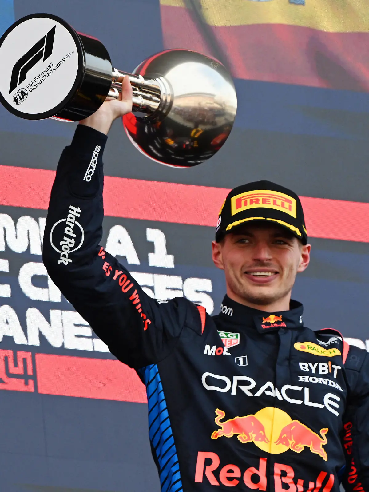 RECORD DATE NOT STATED Formula 1 2024: Japanese GP SUZUKA, JAPAN - APRIL 07: Max Verstappen, Red Bull Racing, 1st position, lifts the trophy in celebration during the Japanese GP at Suzuka on Sunday April 07, 2024 in Suzuka, Japan. Photo by Mark Sutton / Sutton Images Images EDITORIAL USE ONLY GP2404_171536DSC_2175