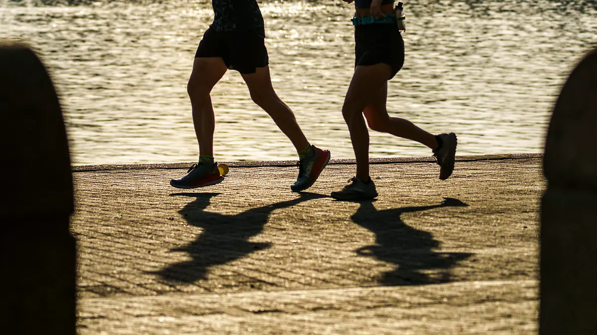 Zwei Menschen joggen in den frühen Morgenstunden am Rheinufer.