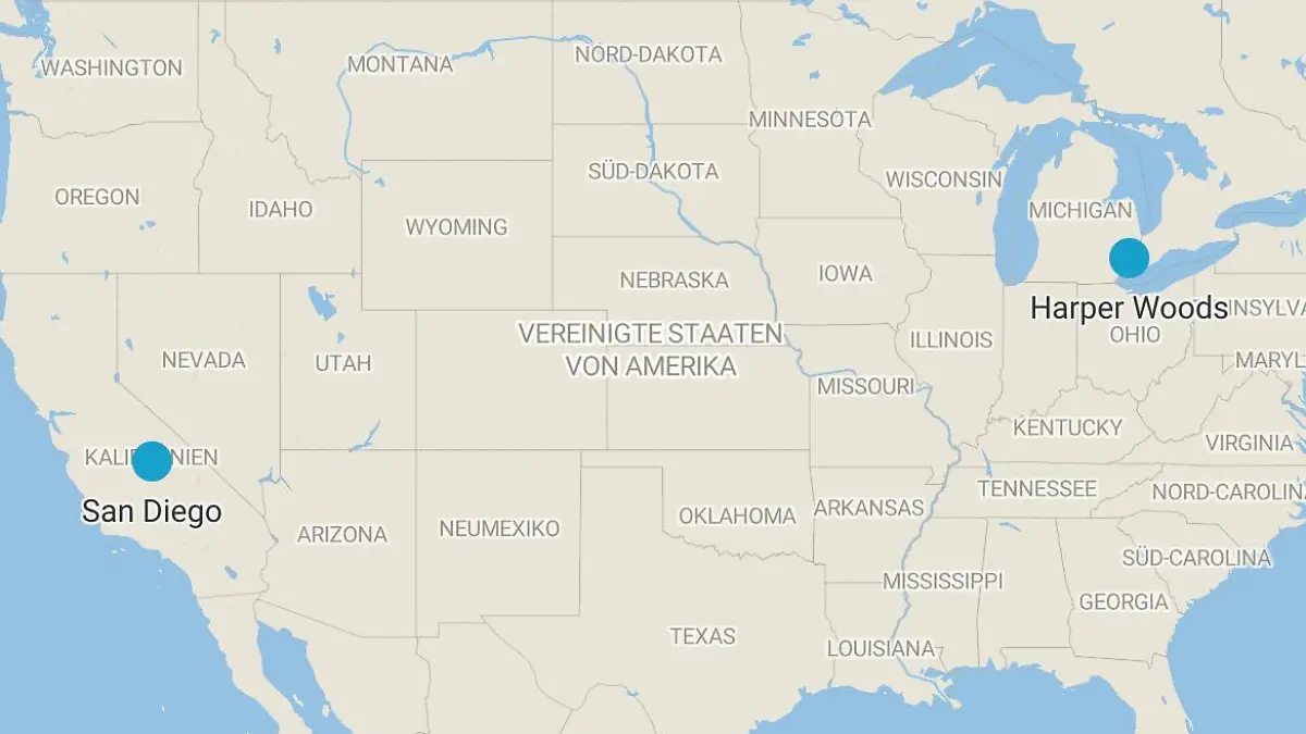 Harper Woods und San Diego sind knapp 35 Autofahrstunden, 3764 Kilometer, voneinander entfernt.