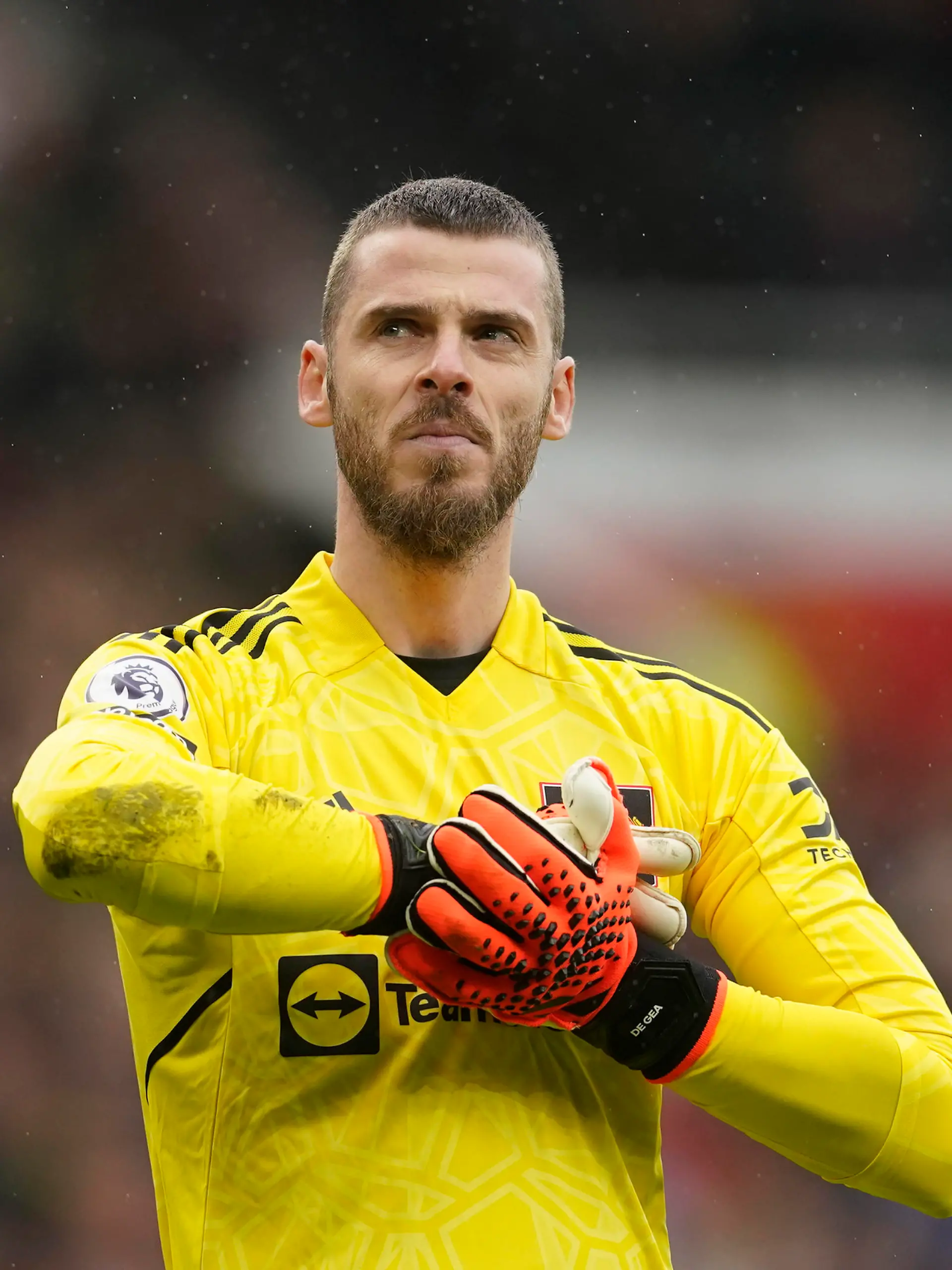 Manchester United's goalkeeper David de Gea stands on the pitch during the English Premier League soccer match between Manchester United and Aston Villa at the Old Trafford stadium in Manchester, England, Sunday, April 30, 2023. (AP Photo/Dave Thompson)