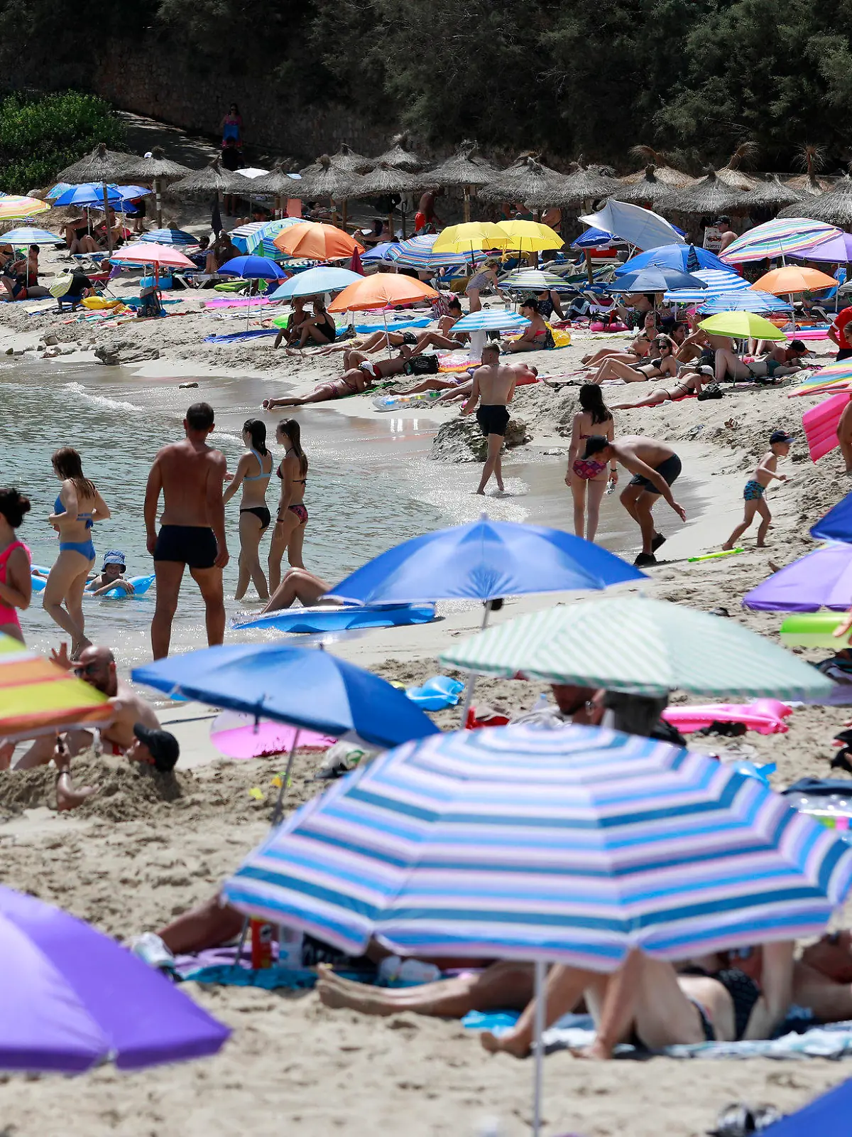 14.08.2022, Spanien, Capdepera: Menschen schwimmen und sonnen sich am Strand Cala Ratjada auf Mallorca. Noch immer herrschen hier hohe Temperaturen und Hitzewarnungen. Foto: Clara Margais/dpa +++ dpa-Bildfunk +++