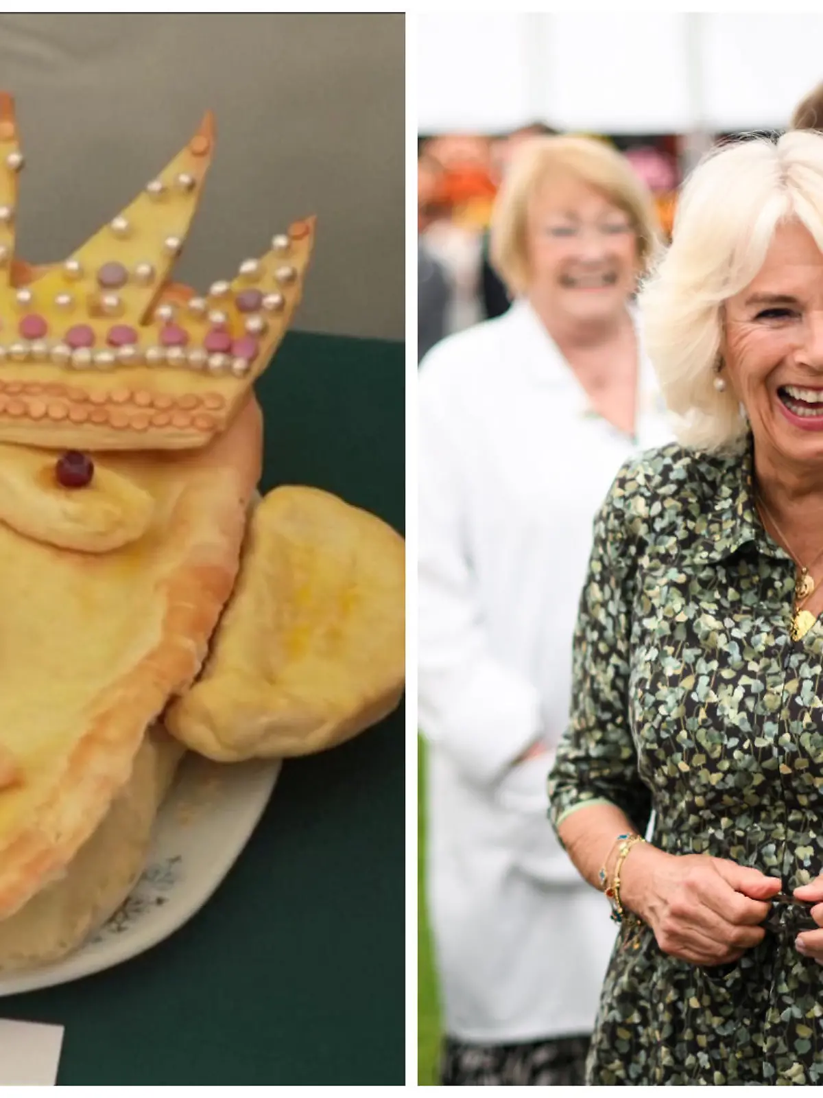 Camilla ist bei der Blumenschau in Sandringham und lacht über einen Kuchen in Königsform.