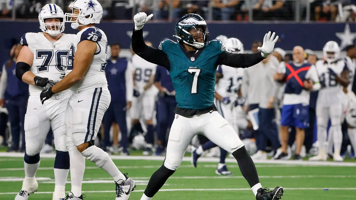 FILE - Philadelphia Eagles linebacker Haason Reddick (7) reacts after sacking Dallas Cowboys quarterback Dak Prescott during the first half of an NFL football game Dec. 10, 2023, in Arlington, Texas. The New York Jets have acquired two-time Pro Bowl edge rusher Reddick from the Eagles for a conditional third-round pick in 2026, a person with knowledge of the trade told The Associated Press on Friday, March 29. (AP Photo/Michael Ainsworth, File)