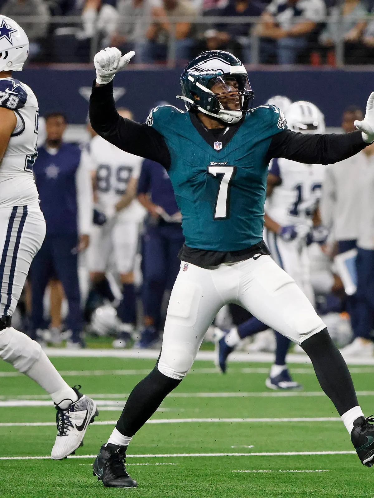 FILE - Philadelphia Eagles linebacker Haason Reddick (7) reacts after sacking Dallas Cowboys quarterback Dak Prescott during the first half of an NFL football game Dec. 10, 2023, in Arlington, Texas. The New York Jets have acquired two-time Pro Bowl edge rusher Reddick from the Eagles for a conditional third-round pick in 2026, a person with knowledge of the trade told The Associated Press on Friday, March 29. (AP Photo/Michael Ainsworth, File)
