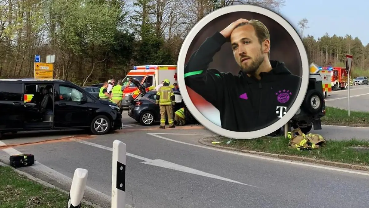 Unfallort auf der Staatsstraße 2071 bei Schäftlarn (Landkreis München) mit drei beteiligten Autos. In dem schwarzen Mercedes Vito sollen drei Kinder von Bayern Münchens Stürmerstar Harry Kane (im kleinen Bild) gesessen haben.