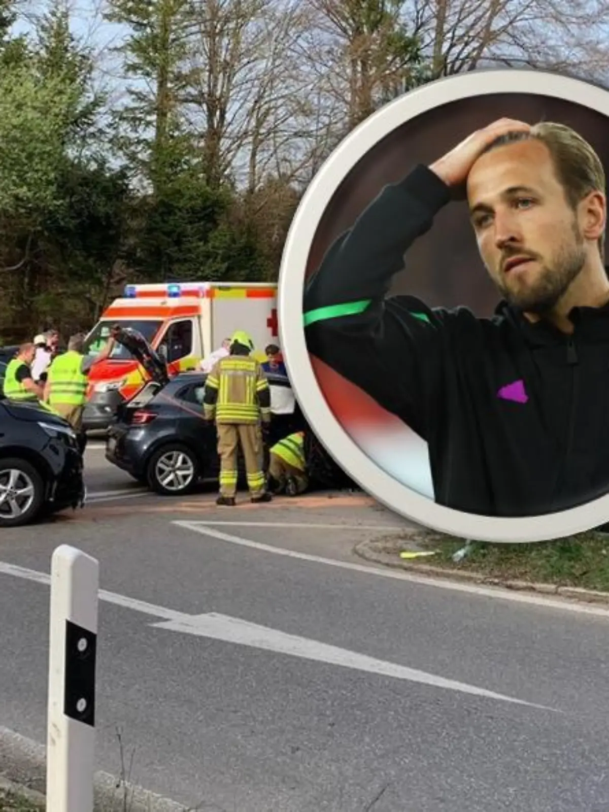 Unfallort auf der Staatsstraße 2071 bei Schäftlarn (Landkreis München) mit drei beteiligten Autos. In dem schwarzen Mercedes Vito sollen drei Kinder von Bayern Münchens Stürmerstar Harry Kane (im kleinen Bild) gesessen haben.