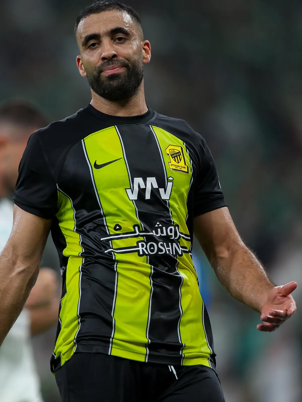 JEDDAH, SAUDI ARABIA - APRIL 1: Abderrazak Hamdallah of Al Ittihad  reacts during the Saudi Pro League match between Al-Ahli SFC and Al-Ittihad at King Abdullah Sports City on April 1, 2024 in Jeddah, Saudi Arabia.(Photo by Yasser Bakhsh/Getty Images)