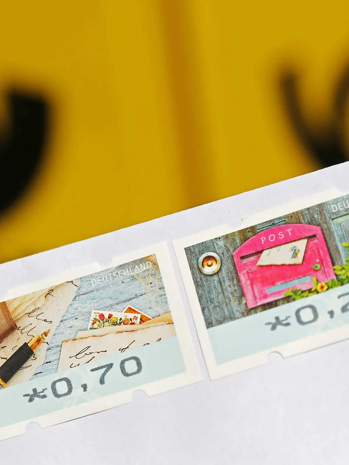 Eine 20-Cent-Briefmarke und eine 70-Cent-Briefmarke kleben auf einen Standardbrief.