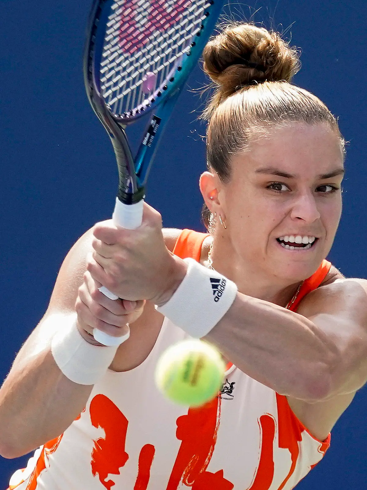 Maria Sakkari, of Greece, returns a shot to Tatjana Maria, of Germany, during the first round of the US Open tennis championships, Monday, Aug. 29, 2022, in New York. (AP Photo/John Minchillo)