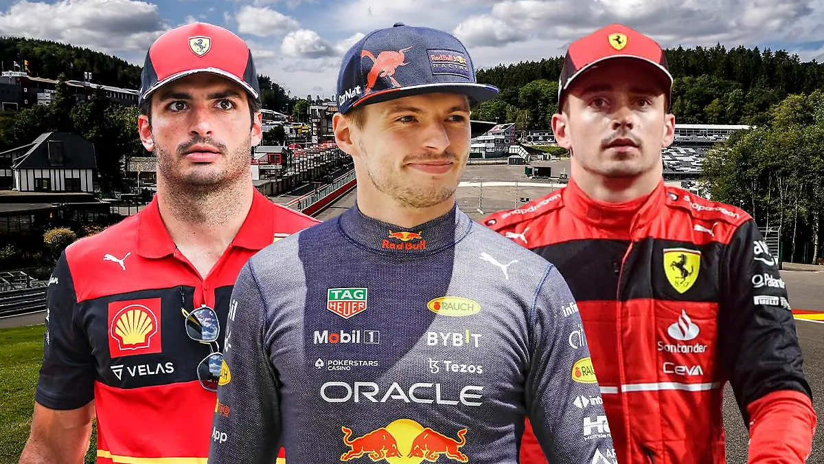 Bildcombo: Carlos Sainz, Max Verstappen und Charles Leclerc beim Belgien-GP in Spa-Francorchamps