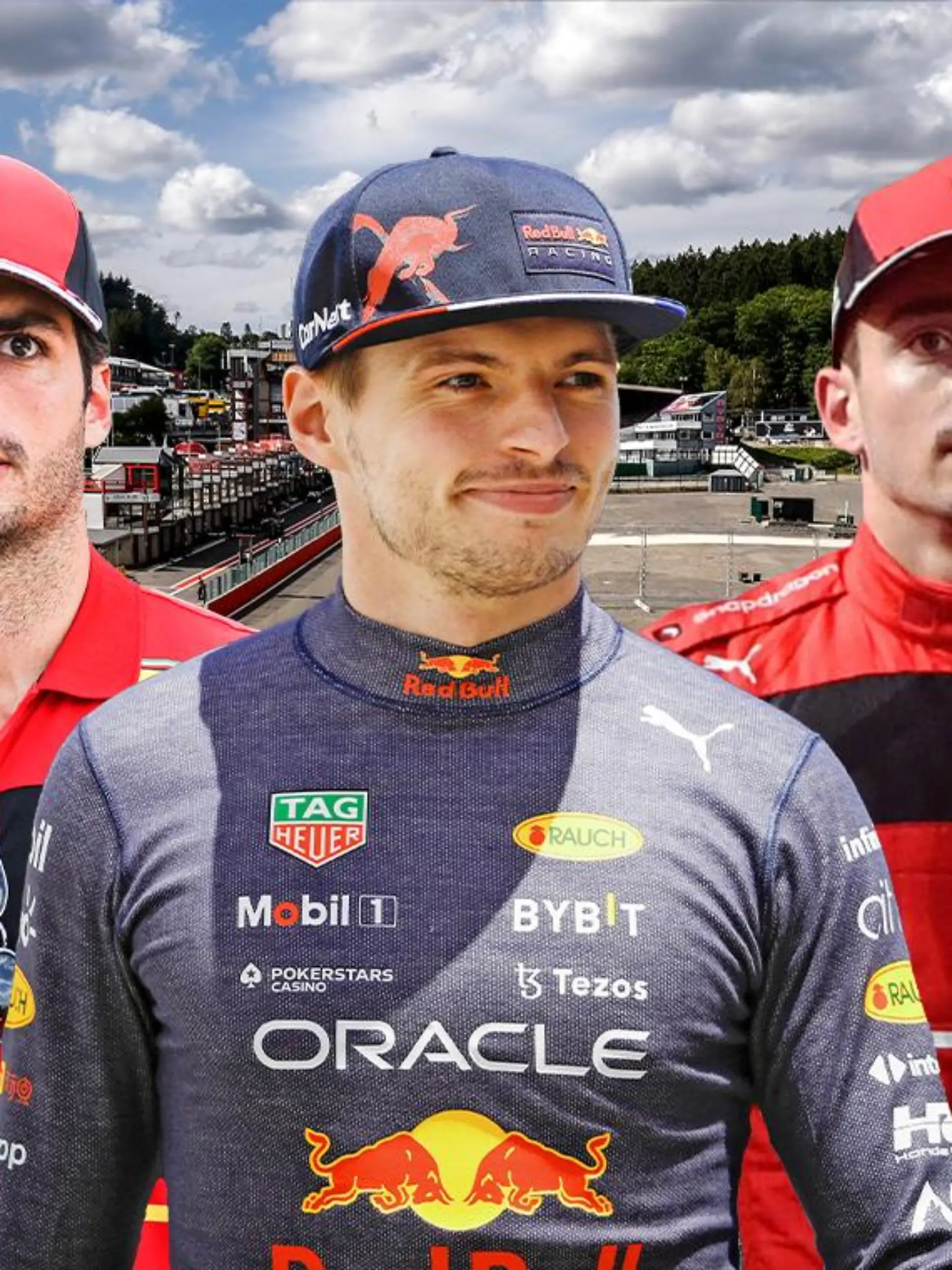 Bildcombo: Carlos Sainz, Max Verstappen und Charles Leclerc beim Belgien-GP in Spa-Francorchamps