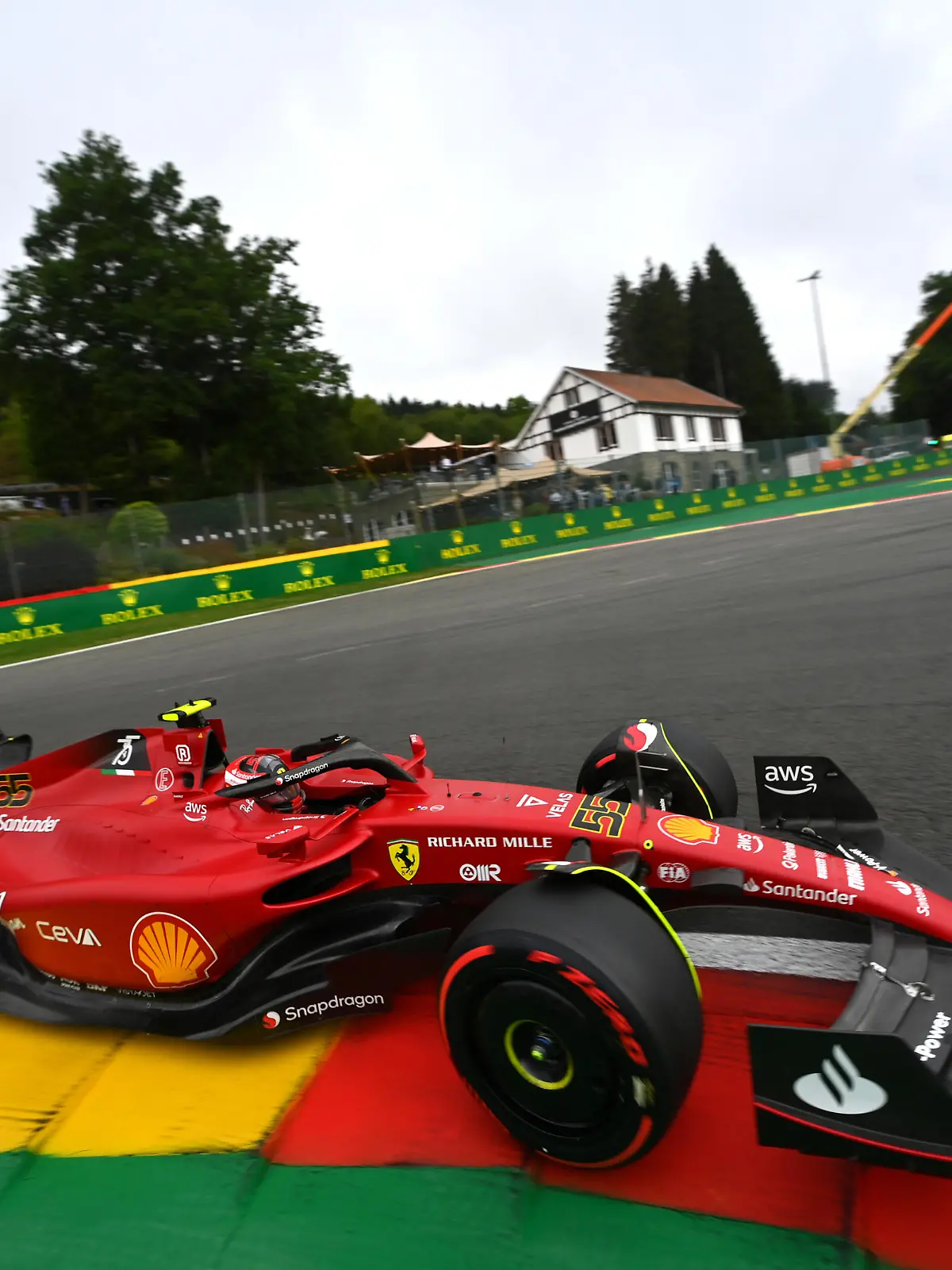 SPA, BELGIUM - AUGUST 26: Carlos Sainz of Spain driving (55) the Ferrari F1-75 on track during practice ahead of the F1 Grand Prix of Belgium at Circuit de Spa-Francorchamps on August 26, 2022 in Spa, Belgium. (Photo by Dan Mullan/Getty Images)