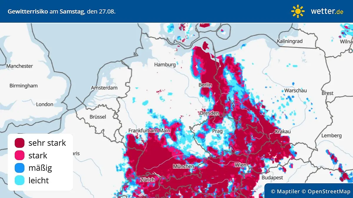 Die Grafik zeigt das Gewitterrisiko am Samstag, 27.08.2022