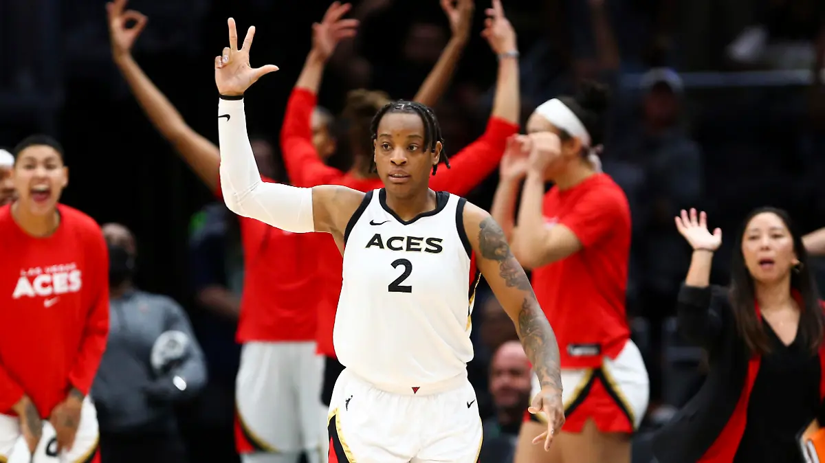 Las Vegas Aces guard Riquna Williams (2) reacts during overtime against the Seattle Storm in Game 3 of a WNBA basketball semifinal playoff series, Sunday, Sept. 4, 2022, in Seattle. The Aces beat the Storm 110-98 in overtime. (AP Photo/Lindsey Wasson)