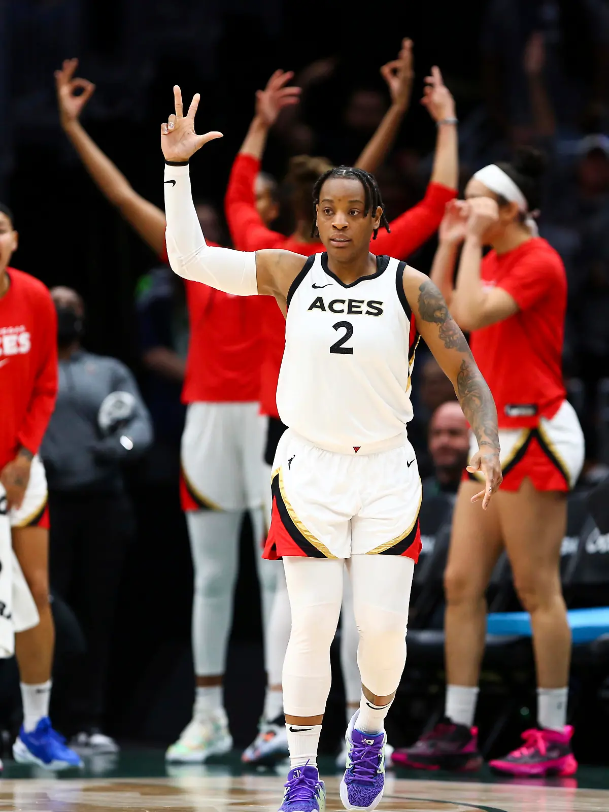 Las Vegas Aces guard Riquna Williams (2) reacts during overtime against the Seattle Storm in Game 3 of a WNBA basketball semifinal playoff series, Sunday, Sept. 4, 2022, in Seattle. The Aces beat the Storm 110-98 in overtime. (AP Photo/Lindsey Wasson)