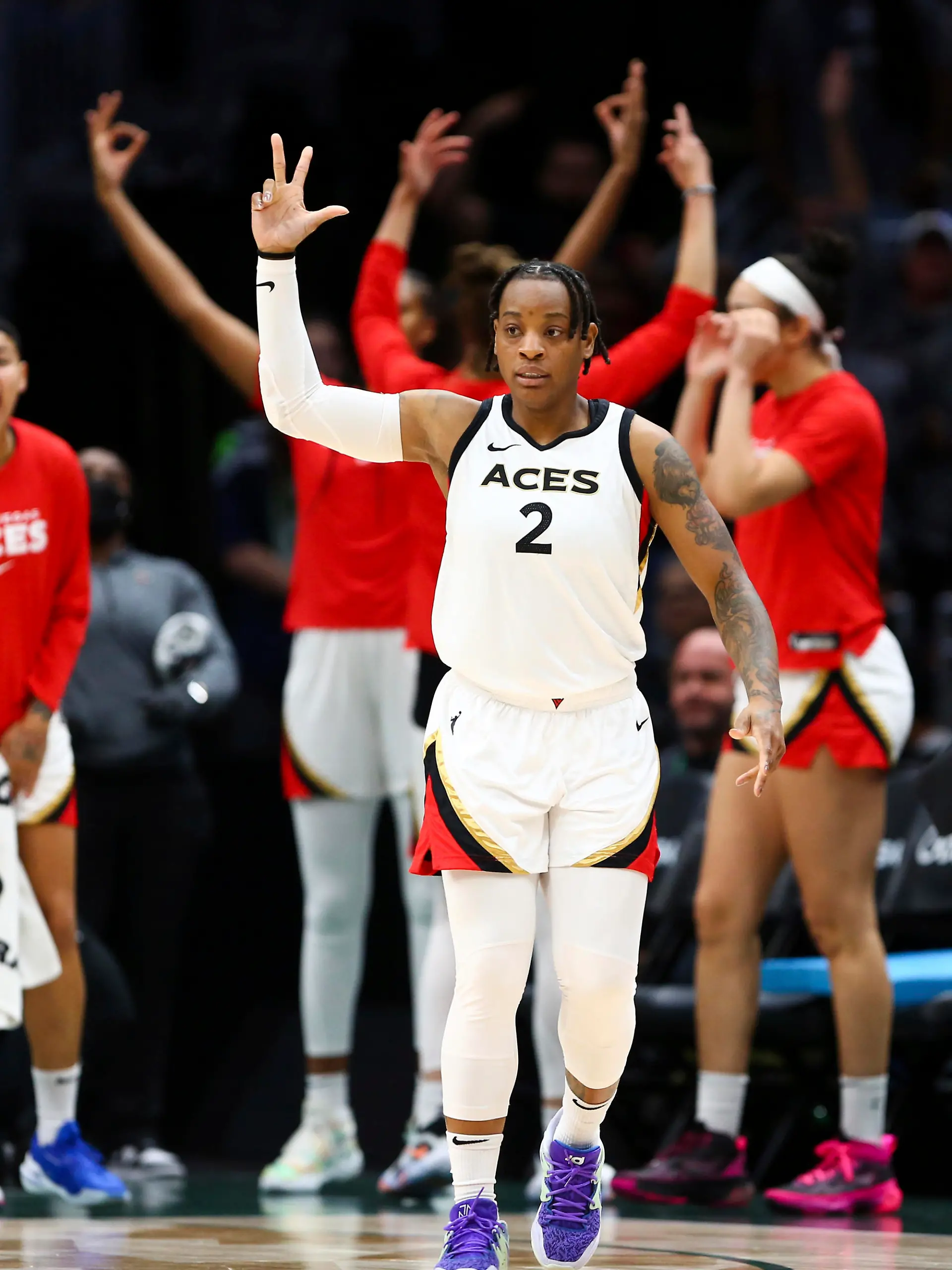 Las Vegas Aces guard Riquna Williams (2) reacts during overtime against the Seattle Storm in Game 3 of a WNBA basketball semifinal playoff series, Sunday, Sept. 4, 2022, in Seattle. The Aces beat the Storm 110-98 in overtime. (AP Photo/Lindsey Wasson)