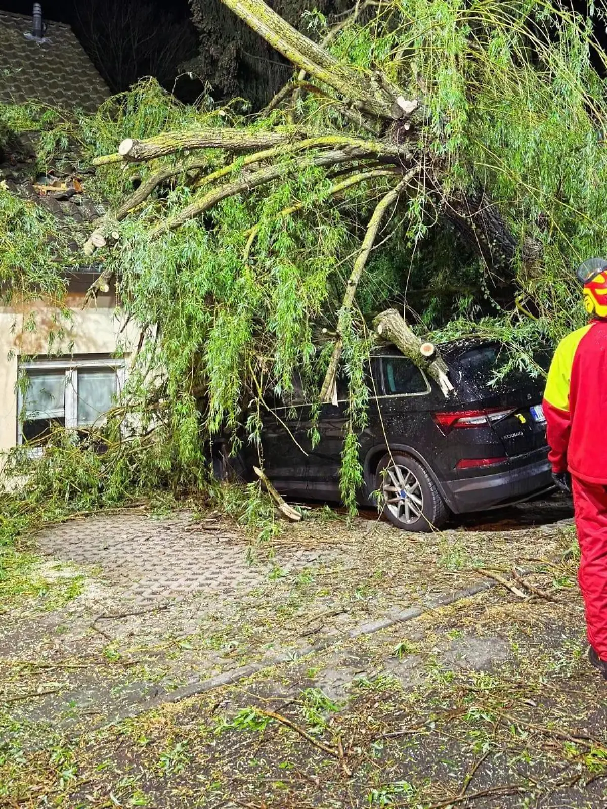 HANDOUT - 15.04.2024, Pößneck: In Pößneck ist bei stürmischen Wetter am Montagabend eine große Trauerweide auf zwei Fahrzeuge und ein Haus gestürzt. Verletzte gab es laut Feuerwehr nicht. (Bestmögliche Bildqualität) Foto: Freiwillige Feuerwehr Pößneck/dpa - ACHTUNG: Nur zur redaktionellen Verwendung im Zusammenhang mit der aktuellen Berichterstattung und nur mit vollständiger Nennung des vorstehenden Credits +++ dpa-Bildfunk +++