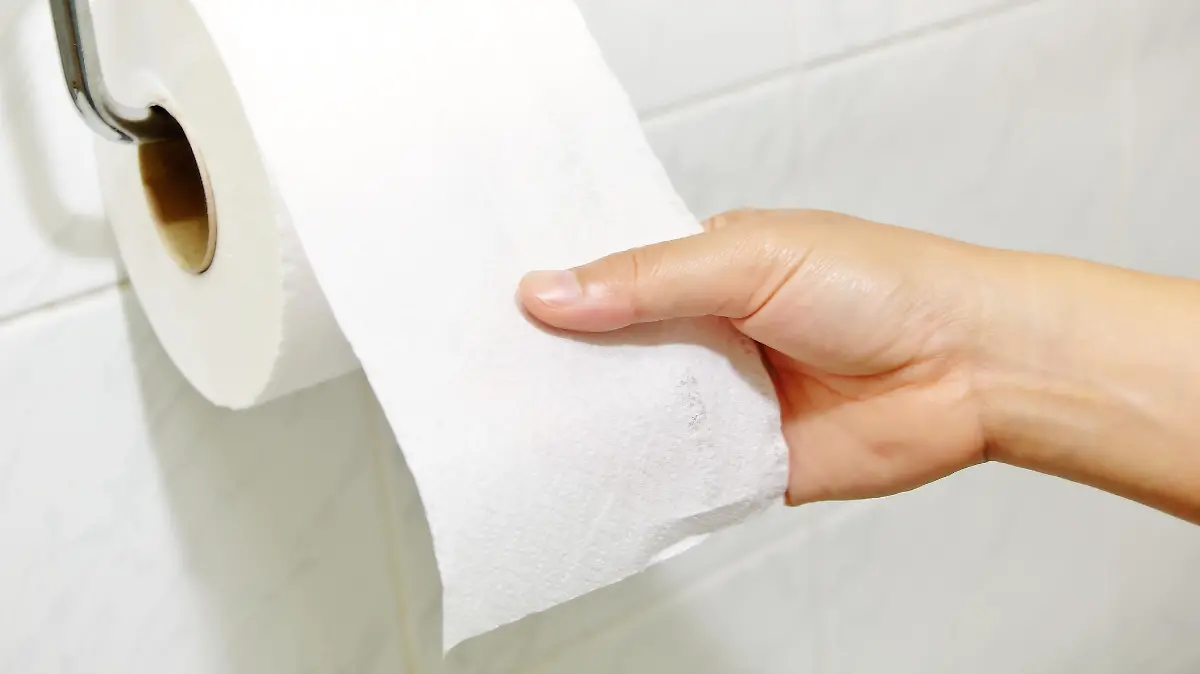 Woman hand holding the roll of toilet paper