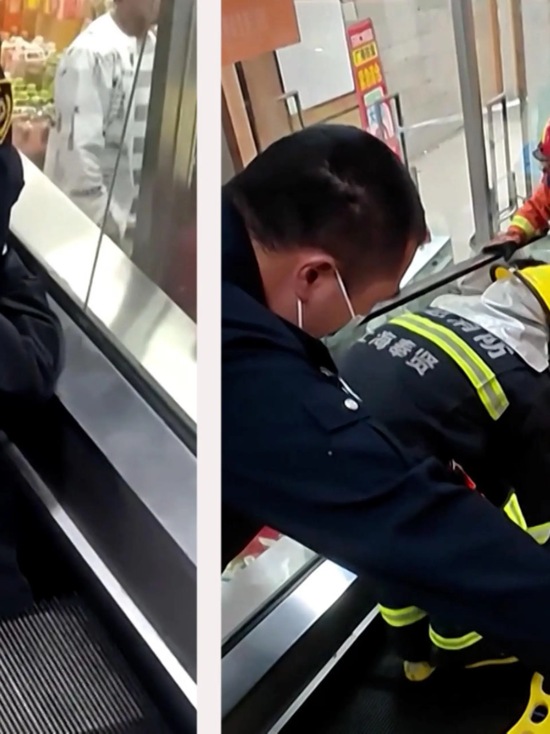 Als eine junge Frau die Rolltreppe eines Supermarkts benutzt, fehlt plötzlich eine Platte. Doch die Frau sieht das zu spät und bleibt hängen. Ob sie noch rechtzeitig gerettet werden kann, erfahrt ihr im Video.