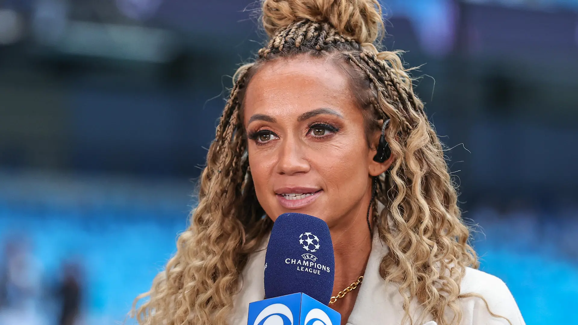 May 17, 2023, Manchester, Manchester, United Kingdom: Kate Abdo gives an interview the UEFA Champions League Semi-Final Second Leg Manchester City vs Real Madrid at Etihad Stadium, Manchester, United Kingdom, 17th May 2023. (Credit Image: Â© Mark Cosgrove/News Images via ZUMA Press Wire