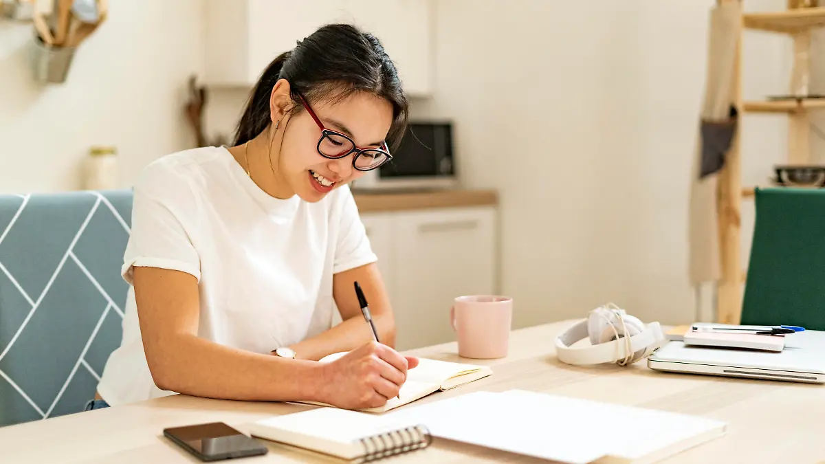 IMAGO Creative: Bildung, Schreiben Smiling woman writing in book at home model released Symbolfoto property released GIOF11677