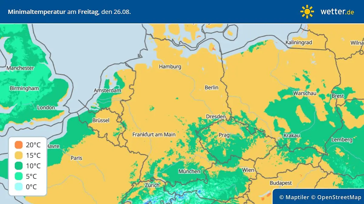 Vorhersage der Tiefstwerte für Freitag, 26. August 2022