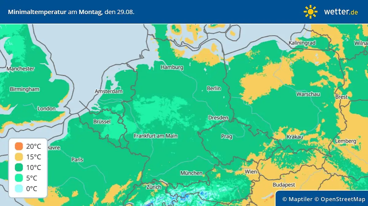 Vorhersage der Tiefstwerte für Montag, 29. August 2022