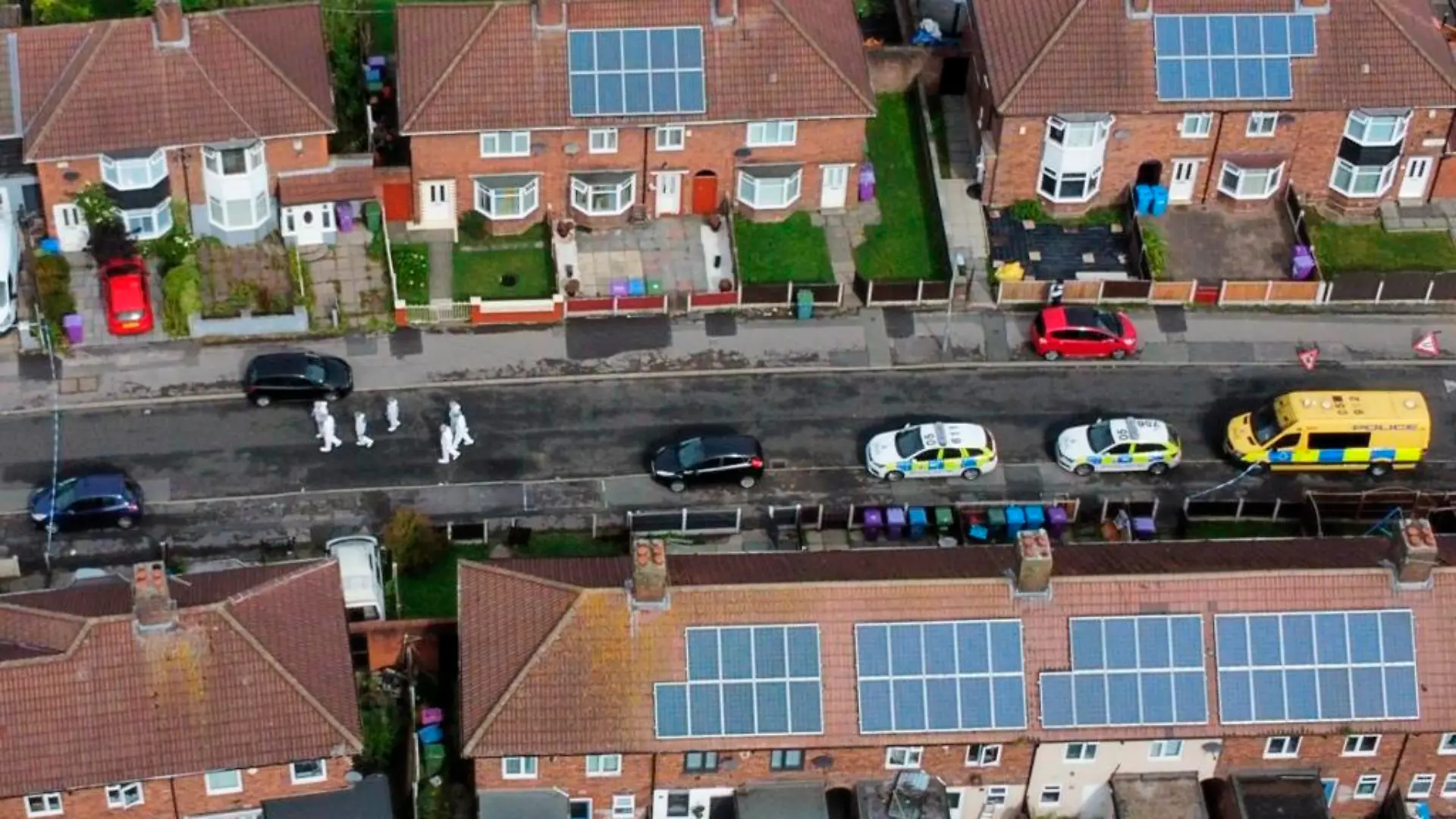 Knotty Ash incident. An aerial view of forensics officers at the scene in Kingsheath Avenue, Knotty Ash, Liverpool, where a nine-year-old girl has been fatally shot. Officers from Merseyside Police have started a murder investigation after attending a house at 10pm Monday following reports that an unknown male had fired a gun inside the property. Picture date: Tuesday August 23, 2022. See PA story POLICE KnottyAsh. Photo credit should read: Peter Byrne/PA Wire URN:68436274