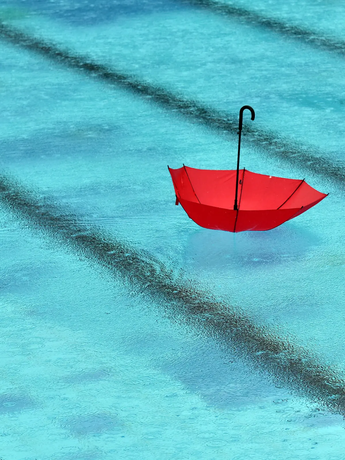 Illustration - Bei strömendem Regen schwimmt am 23.06.2015 in Kleinmachnow (Brandenburg) ein Regenschirm im Freibad Kiebitzberge mit dem Griff nach oben in einem Becken. Der Regen soll bis in die Abendstunden anhalten. Foto: Ralf Hirschberger | Verwendung weltweit