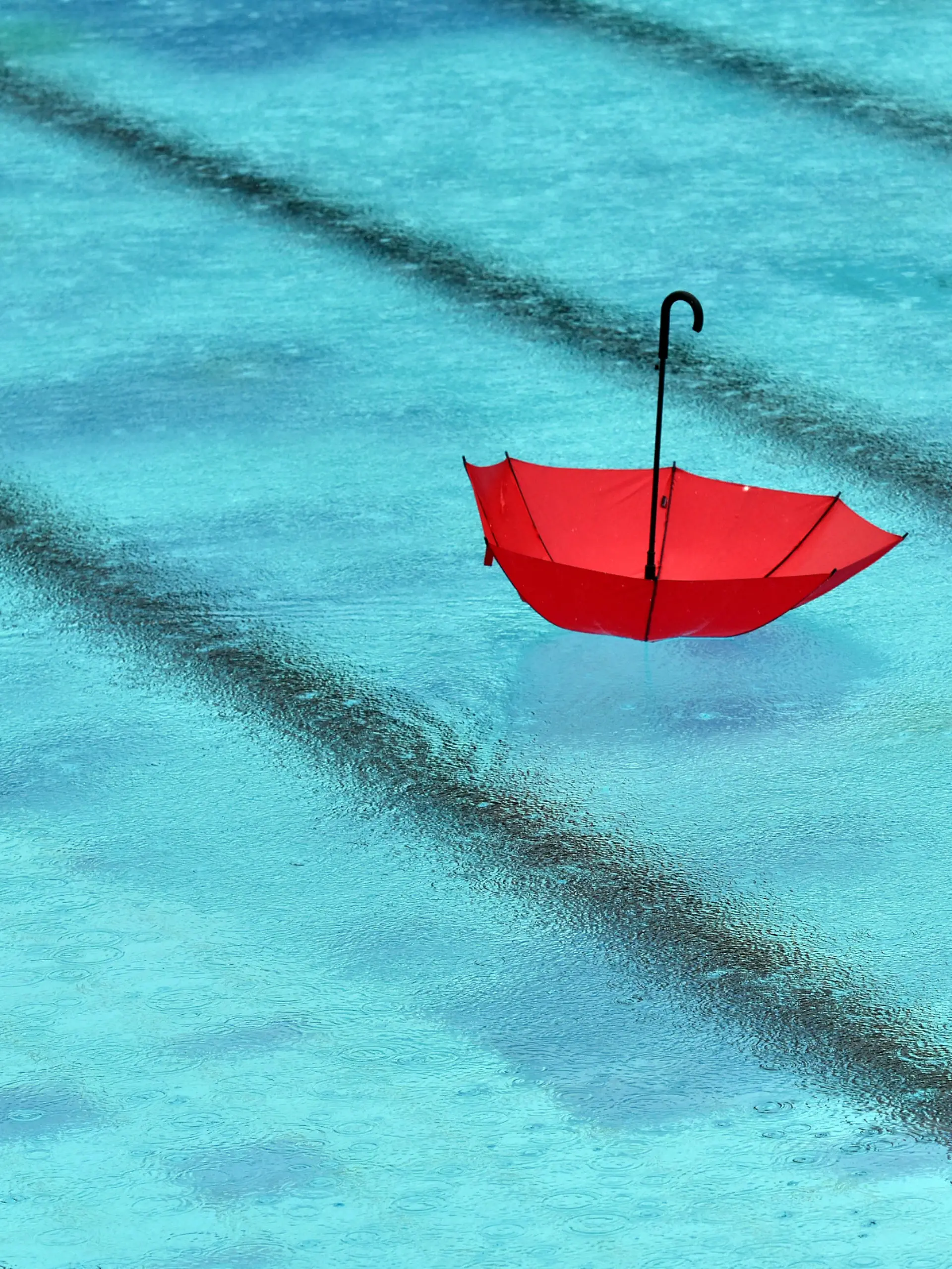 Illustration - Bei strömendem Regen schwimmt am 23.06.2015 in Kleinmachnow (Brandenburg) ein Regenschirm im Freibad Kiebitzberge mit dem Griff nach oben in einem Becken. Der Regen soll bis in die Abendstunden anhalten. Foto: Ralf Hirschberger | Verwendung weltweit