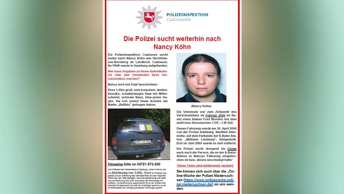 Das neue Fahndungsplakat im Fall Nancy Köhn der Polizeiinspektion Cuxhaven.