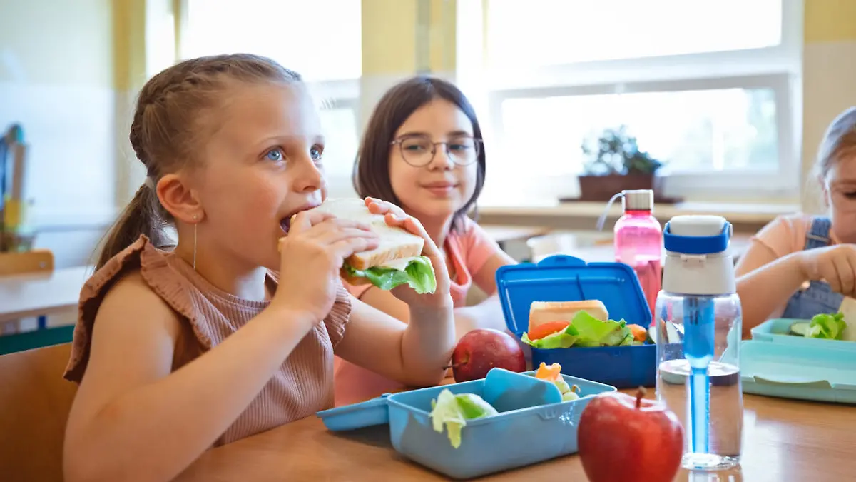 Group of school girls eating lunch, sitting at the table, lunch boxes on the table.