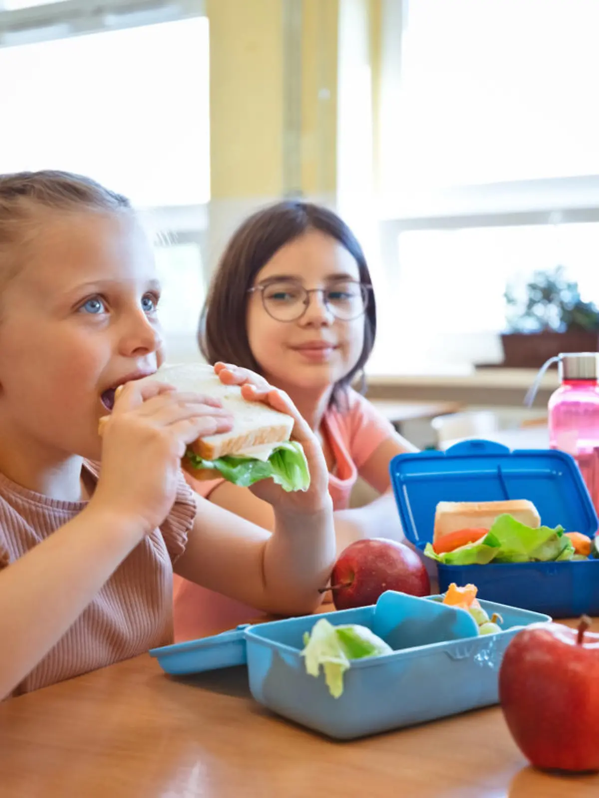 Group of school girls eating lunch, sitting at the table, lunch boxes on the table.